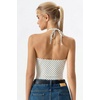 QINSEN Self Tie Halter Neck Basic Shirts for Womens Double Lined Slimming Fit Going Out Sleeveless Tops(White With Black Dots)