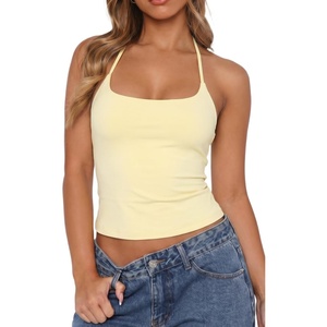 QINSEN Self Tie Halter Neck Basic Shirts for Womens Double Lined Slimming Fit Going Out Sleeveless Tops(Light Yellow)