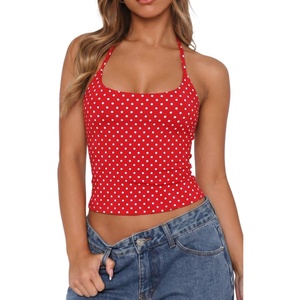 QINSEN Self Tie Halter Neck Basic Shirts for Womens Double Lined Slimming Fit Going Out Sleeveless Tops(Red With White Dots)