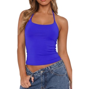 QINSEN Self Tie Halter Neck Basic Shirts for Womens Double Lined Slimming Fit Going Out Sleeveless Tops(Sapphire)