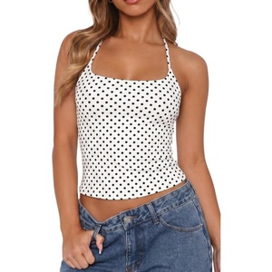 QINSEN Self Tie Halter Neck Basic Shirts for Womens Double Lined Slimming Fit Going Out Sleeveless Tops(White With Black Dots)