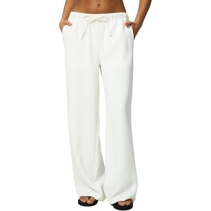 QINSEN Women’s Wrinkle-Free Wide Leg Palazzo Pants High Rise Flowy Drape Drawstring Elastic Waist Trousers with Pockets(Beige)
