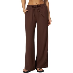 QINSEN Women’s Wrinkle-Free Wide Leg Palazzo Pants High Rise Flowy Drape Drawstring Elastic Waist Trousers with Pockets(Mocha Brown)
