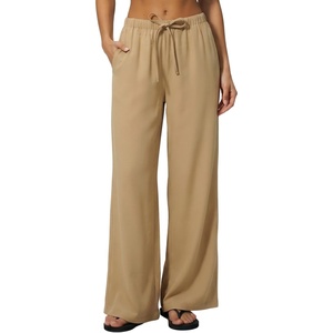 QINSEN Women’s Wrinkle-Free Wide Leg Palazzo Pants High Rise Flowy Drape Drawstring Elastic Waist Trousers with Pockets(Nomad Taupe)