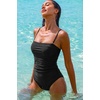 QINSEN Women’s One Piece Swimsuit Color Block Tummy Control Bathing Suit Vintage Square Neck Spaghetti Straps Swimwear(All Black)