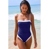 QINSEN Women’s One Piece Swimsuit Color Block Tummy Control Bathing Suit Vintage Square Neck Spaghetti Straps Swimwear(Navy)