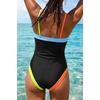 QINSEN Women’s One Piece Swimsuit Color Block Tummy Control Bathing Suit Vintage Square Neck Spaghetti Straps Swimwear(Rainbow Black)