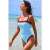 QINSEN Women’s One Piece Swimsuit Color Block Tummy Control Bathing Suit Vintage Square Neck Spaghetti Straps Swimwear(Sky Blue)