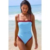 QINSEN Women’s One Piece Swimsuit Color Block Tummy Control Bathing Suit Vintage Square Neck Spaghetti Straps Swimwear(Sky Blue)