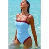 QINSEN Women’s One Piece Swimsuit Color Block Tummy Control Bathing Suit Vintage Square Neck Spaghetti Straps Swimwear(Sky Blue)