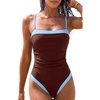 QINSEN Women’s One Piece Swimsuit Color Block Tummy Control Bathing Suit Vintage Square Neck Spaghetti Straps Swimwear(Burgundy)