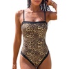 QINSEN Women’s One Piece Swimsuit Color Block Tummy Control Bathing Suit Vintage Square Neck Spaghetti Straps Swimwear(Leopard)