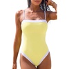 QINSEN Women’s One Piece Swimsuit Color Block Tummy Control Bathing Suit Vintage Square Neck Spaghetti Straps Swimwear(Light Yellow)