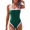 QINSEN Women’s One Piece Swimsuit Color Block Tummy Control Bathing Suit Vintage Square Neck Spaghetti Straps Swimwear(Pine Green)