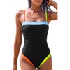 QINSEN Women’s One Piece Swimsuit Color Block Tummy Control Bathing Suit Vintage Square Neck Spaghetti Straps Swimwear(Rainbow Black)