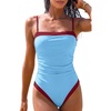 QINSEN Women’s One Piece Swimsuit Color Block Tummy Control Bathing Suit Vintage Square Neck Spaghetti Straps Swimwear(Sky Blue)