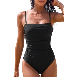 QINSEN Women’s One Piece Swimsuit Color Block Tummy Control Bathing Suit Vintage Square Neck Spaghetti Straps Swimwear(All Black)