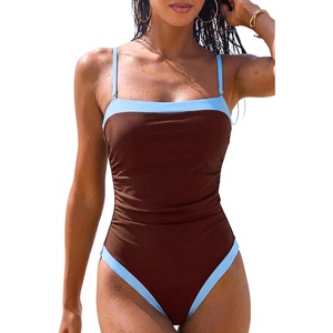 QINSEN Women’s One Piece Swimsuit Color Block Tummy Control Bathing Suit Vintage Square Neck Spaghetti Straps Swimwear(Burgundy)