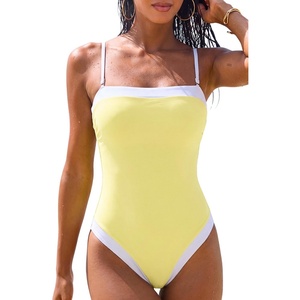 QINSEN Women’s One Piece Swimsuit Color Block Tummy Control Bathing Suit Vintage Square Neck Spaghetti Straps Swimwear(Light Yellow)