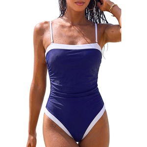 QINSEN Women’s One Piece Swimsuit Color Block Tummy Control Bathing Suit Vintage Square Neck Spaghetti Straps Swimwear(Navy)