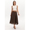 QINSEN Women’s Elegant Flowy Pleated Chiffon Skirts Summer A-line Swing Midi Skirts Casual Elastic Waist Soft Lining(Brown Polka Dot)