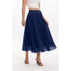 QINSEN Women’s Elegant Flowy Pleated Chiffon Skirts Summer A-line Swing Midi Skirts Casual Elastic Waist Soft Lining(Navy)