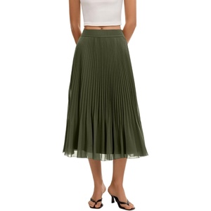 QINSEN Women’s Elegant Flowy Pleated Chiffon Skirts Summer A-line Swing Midi Skirts Casual Elastic Waist Soft Lining(Army Green)