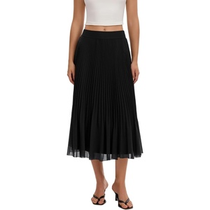 QINSEN Women’s Elegant Flowy Pleated Chiffon Skirts Summer A-line Swing Midi Skirts Casual Elastic Waist Soft Lining(Black)