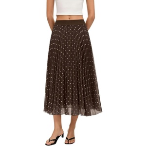 QINSEN Women’s Elegant Flowy Pleated Chiffon Skirts Summer A-line Swing Midi Skirts Casual Elastic Waist Soft Lining(Brown Polka Dot)