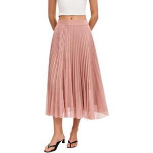 QINSEN Women’s Elegant Flowy Pleated Chiffon Skirts Summer A-line Swing Midi Skirts Casual Elastic Waist Soft Lining(Dusty Pink)
