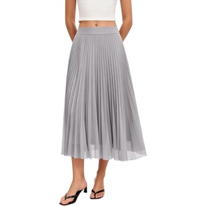 QINSEN Women’s Elegant Flowy Pleated Chiffon Skirts Summer A-line Swing Midi Skirts Casual Elastic Waist Soft Lining(Light Grey)
