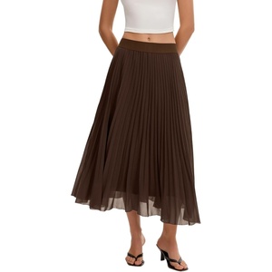QINSEN Women’s Elegant Flowy Pleated Chiffon Skirts Summer A-line Swing Midi Skirts Casual Elastic Waist Soft Lining(Mocha)