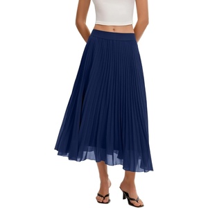 QINSEN Women’s Elegant Flowy Pleated Chiffon Skirts Summer A-line Swing Midi Skirts Casual Elastic Waist Soft Lining(Navy)