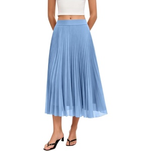 QINSEN Women’s Elegant Flowy Pleated Chiffon Skirts Summer A-line Swing Midi Skirts Casual Elastic Waist Soft Lining(Sky Blue)