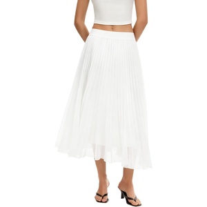QINSEN Women’s Elegant Flowy Pleated Chiffon Skirts Summer A-line Swing Midi Skirts Casual Elastic Waist Soft Lining(White)