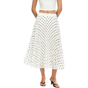 QINSEN Women’s Elegant Flowy Pleated Chiffon Skirts Summer A-line Swing Midi Skirts Casual Elastic Waist Soft Lining(White Polka Dots)