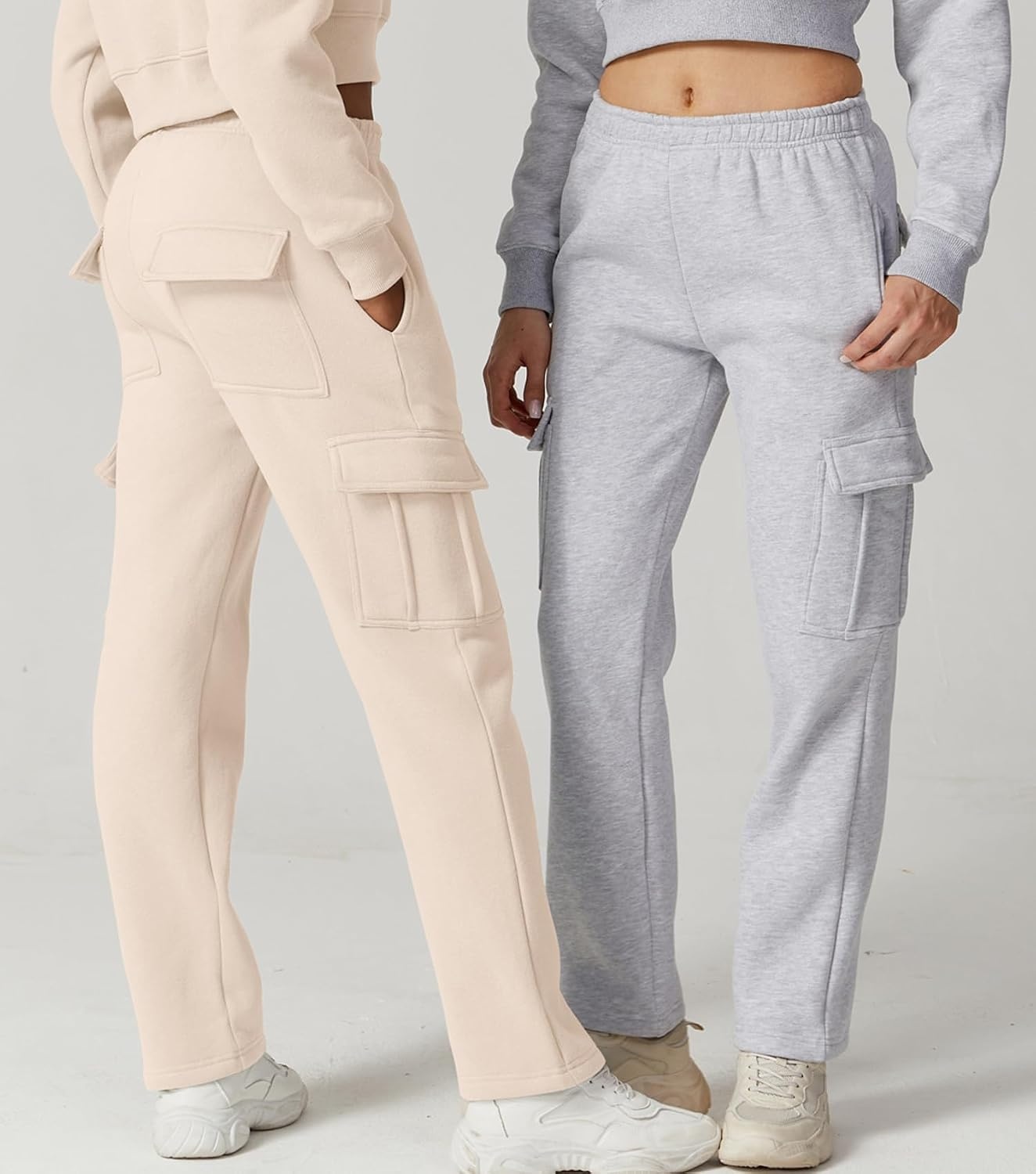 image:imageQINSEN Baggy Medium Waist Elastic Sweatpants for Womens Casual Long Fleece Cargo Pants with PocketsBeige