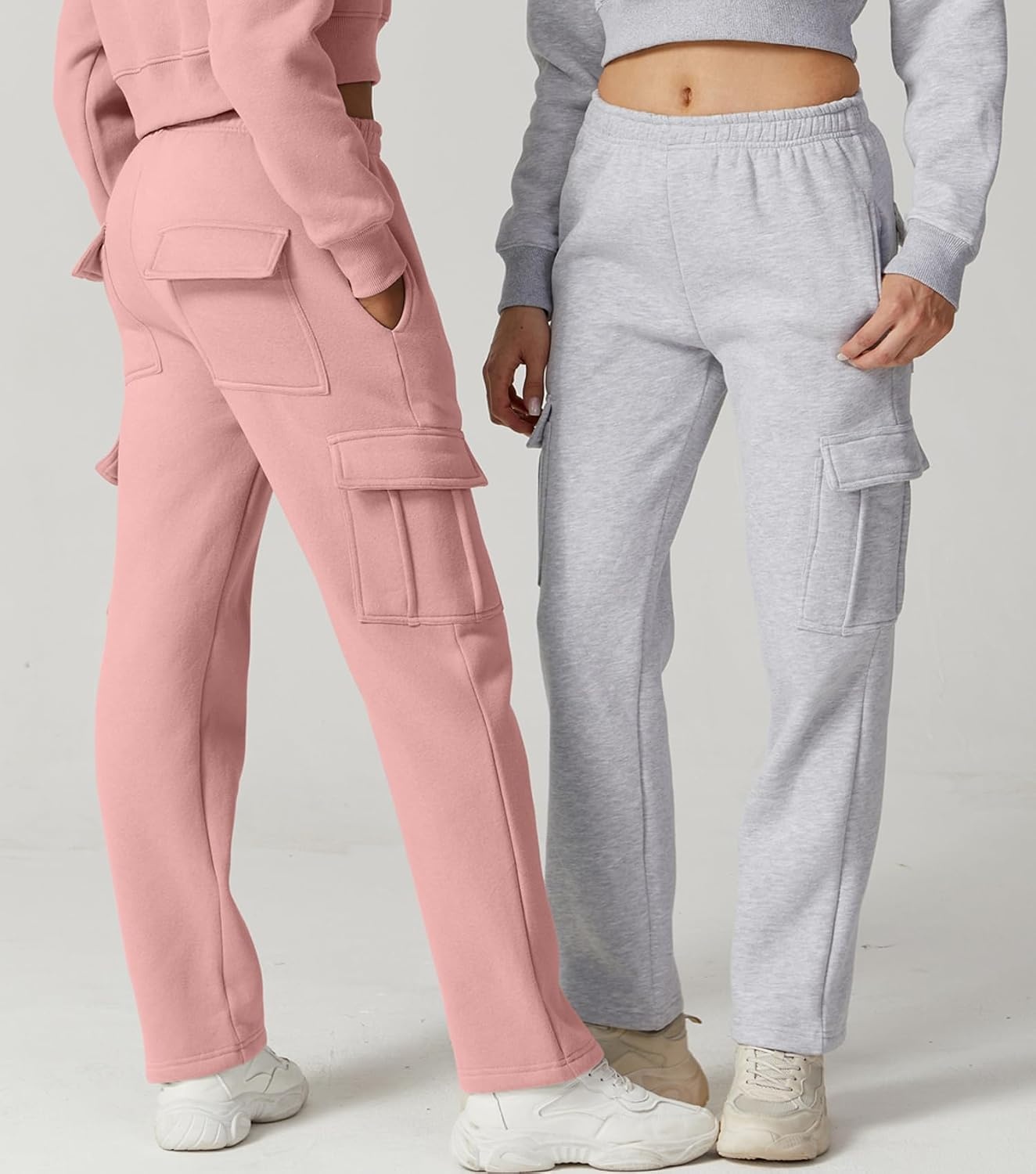 image:imageQINSEN Baggy Medium Waist Elastic Sweatpants for Womens Casual Long Fleece Cargo Pants with PocketsPeachskin
