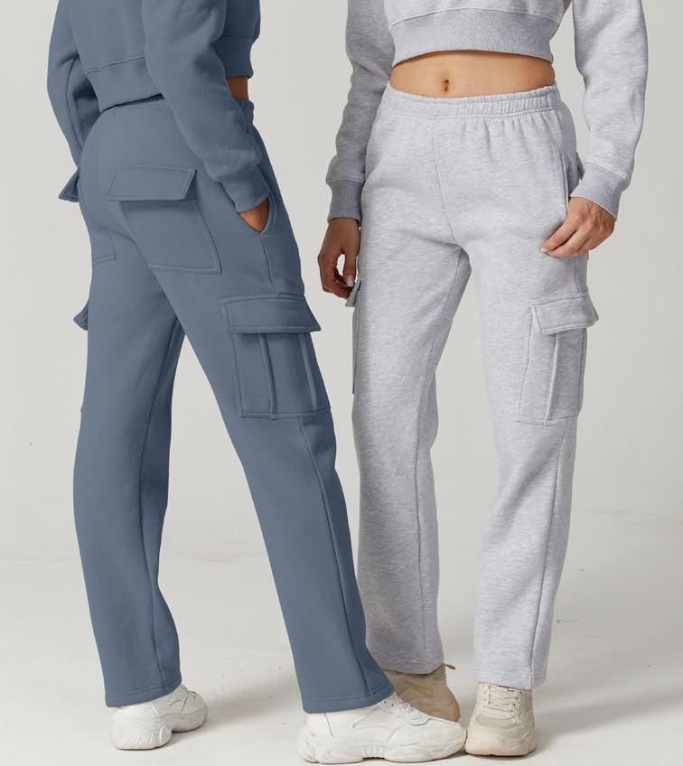 image:imageQINSEN Baggy Medium Waist Elastic Sweatpants for Womens Casual Long Fleece Cargo Pants with PocketsSlate Blue