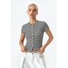 QINSEN Women’s Crewneck Short Sleeve T Shirts Ribbed Button Going Out Trendy Tops(Black-white)