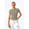 QINSEN Women’s Crewneck Short Sleeve T Shirts Ribbed Button Going Out Trendy Tops(Brown-beige)