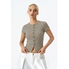 QINSEN Women’s Crewneck Short Sleeve T Shirts Ribbed Button Going Out Trendy Tops(Brown-beige)