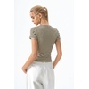 QINSEN Women’s Crewneck Short Sleeve T Shirts Ribbed Button Going Out Trendy Tops(Brown-beige)