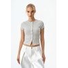 QINSEN Women’s Crewneck Short Sleeve T Shirts Ribbed Button Going Out Trendy Tops(Gray-white)