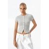 QINSEN Women’s Crewneck Short Sleeve T Shirts Ribbed Button Going Out Trendy Tops(Gray-white)