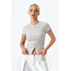 QINSEN Women’s Crewneck Short Sleeve T Shirts Ribbed Button Going Out Trendy Tops(Gray-white)