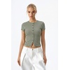 QINSEN Women’s Crewneck Short Sleeve T Shirts Ribbed Button Going Out Trendy Tops(Grey-green)