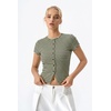 QINSEN Women’s Crewneck Short Sleeve T Shirts Ribbed Button Going Out Trendy Tops(Grey-green)