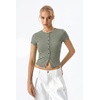 QINSEN Women’s Crewneck Short Sleeve T Shirts Ribbed Button Going Out Trendy Tops(Grey-green)