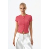 QINSEN Women’s Crewneck Short Sleeve T Shirts Ribbed Button Going Out Trendy Tops(Red-pink)
